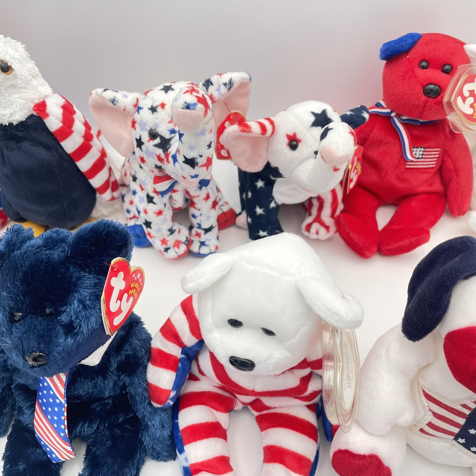 Ty Beanie Babies Patriotic Lot USA Bears Eagle Dog Elephant Zebra Plush RWB Set