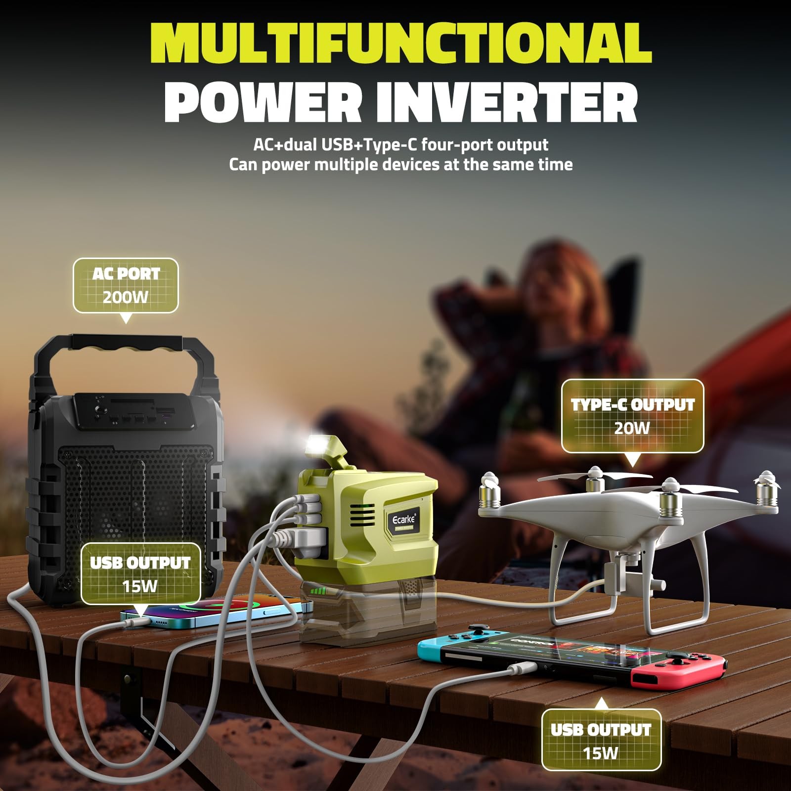 200W Portable Power Inverter for Ryobi 18V AC 110V-120V Converter