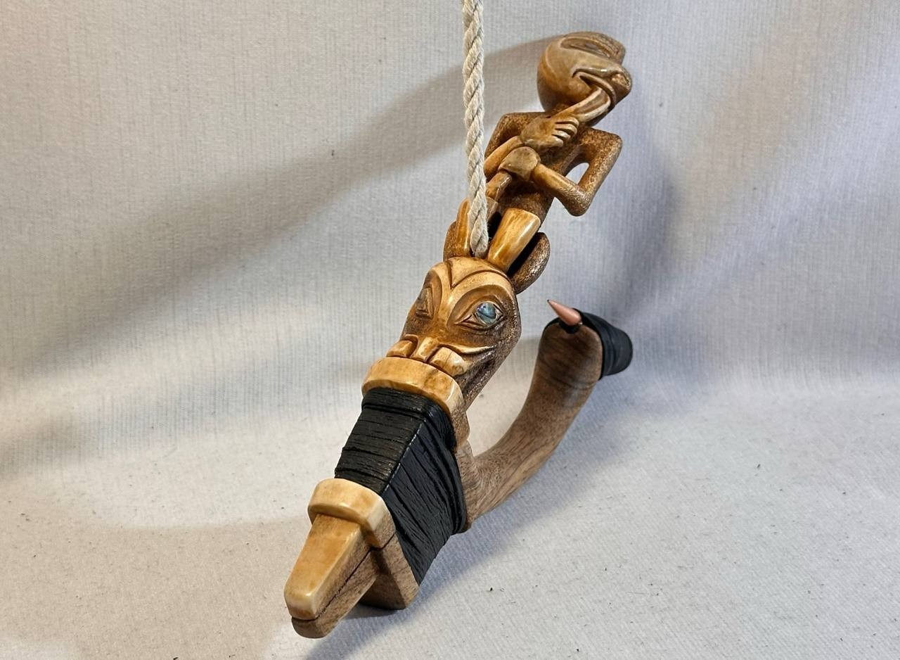 Shaman and Wolf Totem Halibut Hook, Shell Inlay, Northwest Coast Design