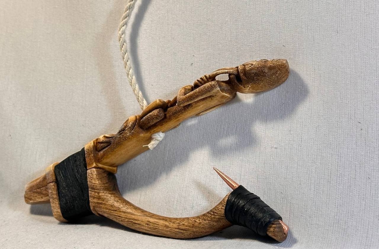 Shaman and Wolf Totem Halibut Hook, Shell Inlay, Northwest Coast Design