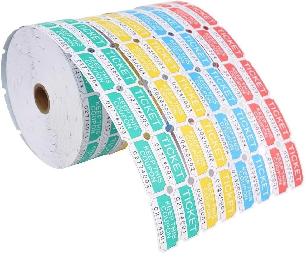 8000 Assorted Double Raffle Tickets 2000 per Roll 50/50 Blue Green Red Yellow