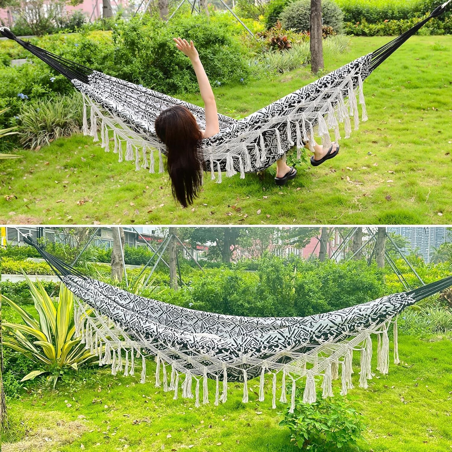 Bohemian Striped Tassel Double Hammock - 100% Cotton, Durable & Easy to Store