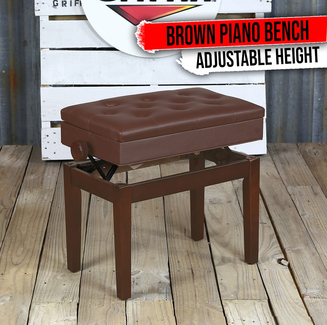 Brown Leather Piano Bench - GRIFFIN Keyboard Seat Wood Vanity Chair Guitar Stool