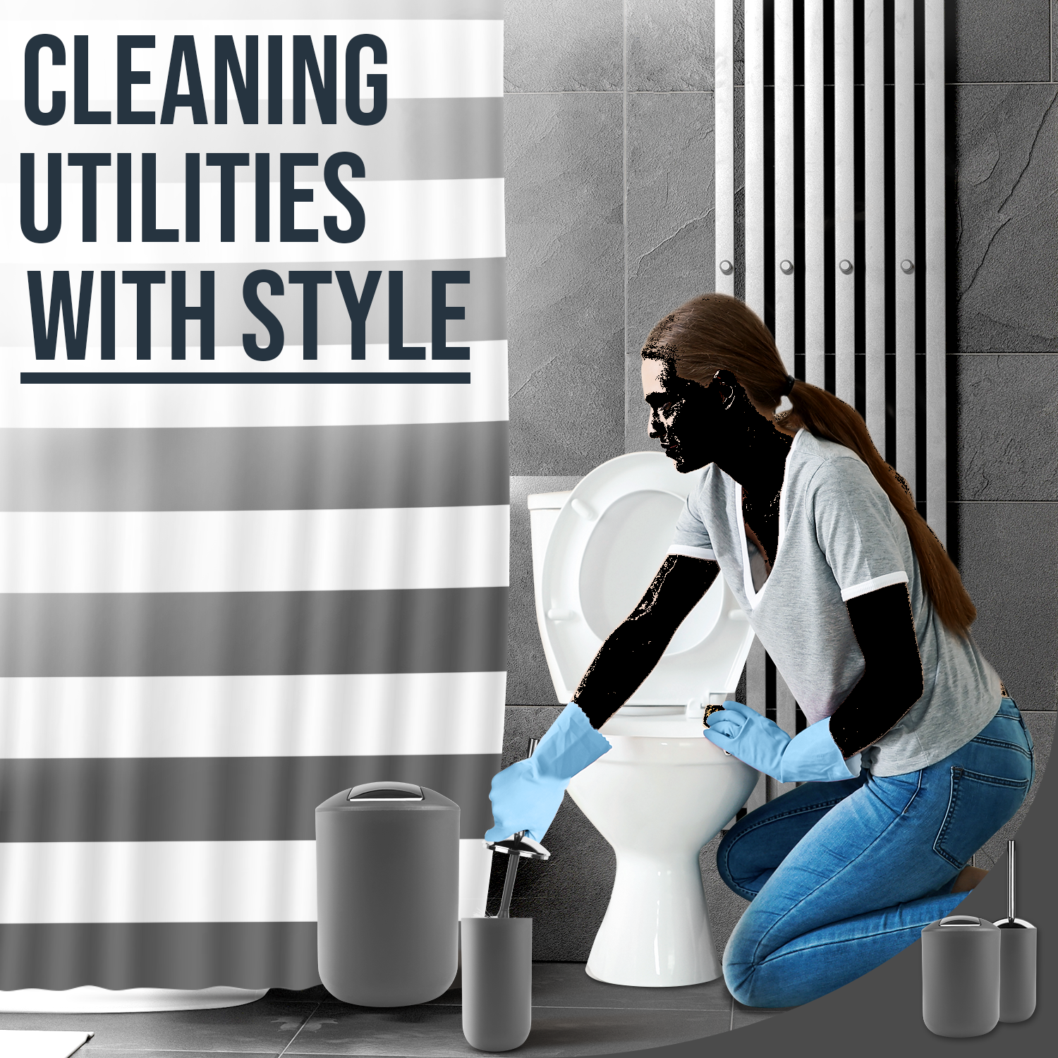 12 Piece Bathroom Accessories Set Shower Curtain 3 Rugs Toilet Brush and More