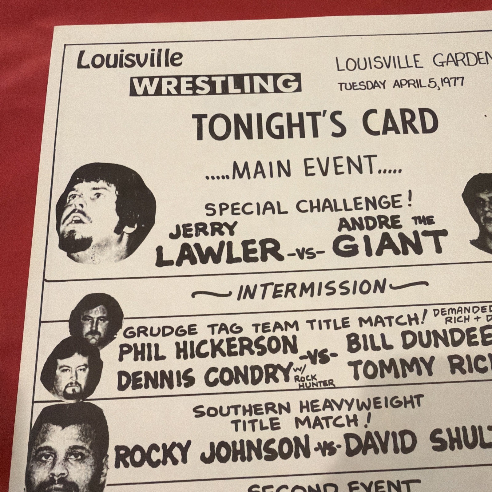 1977 Louisville Wrestling Card Andre The Giant vs Jerry Lawler Louisville Garden