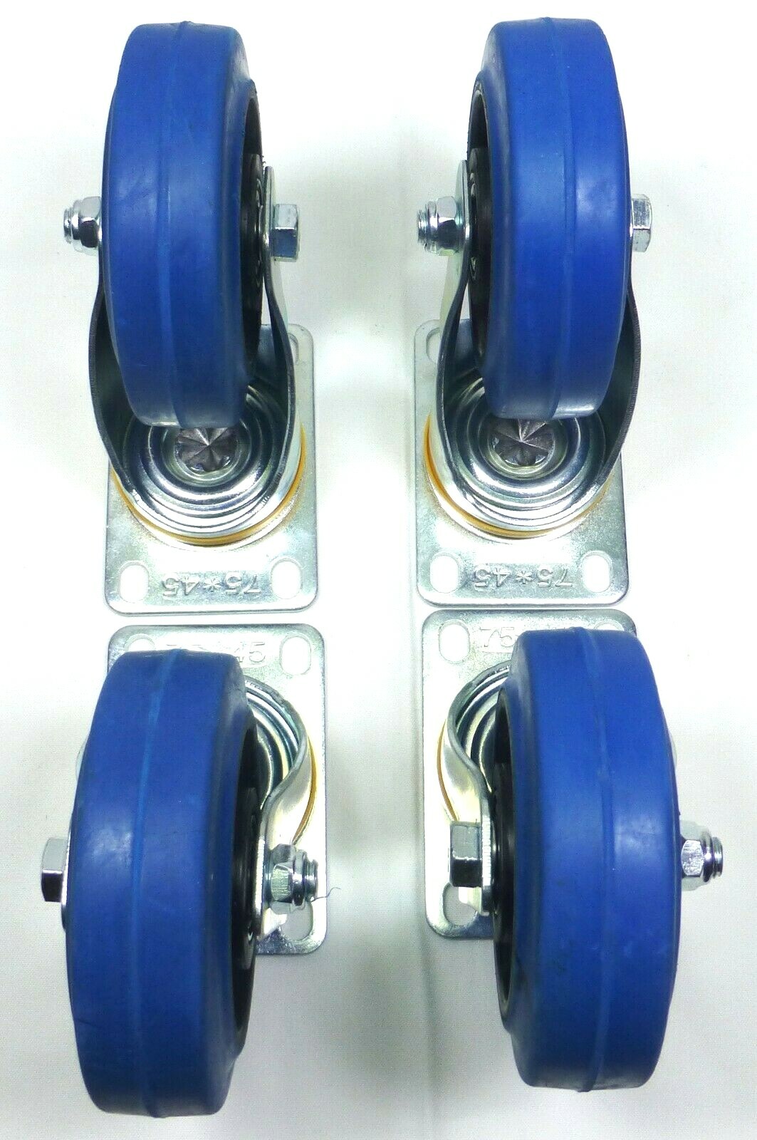 Set Of Four 4" Heavy Duty Swivel Casters, 4" Blue Rubber Wheels