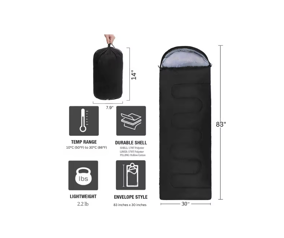 Mummy style Hiking & Camping Sleeping Bag 3- Seasons - Black