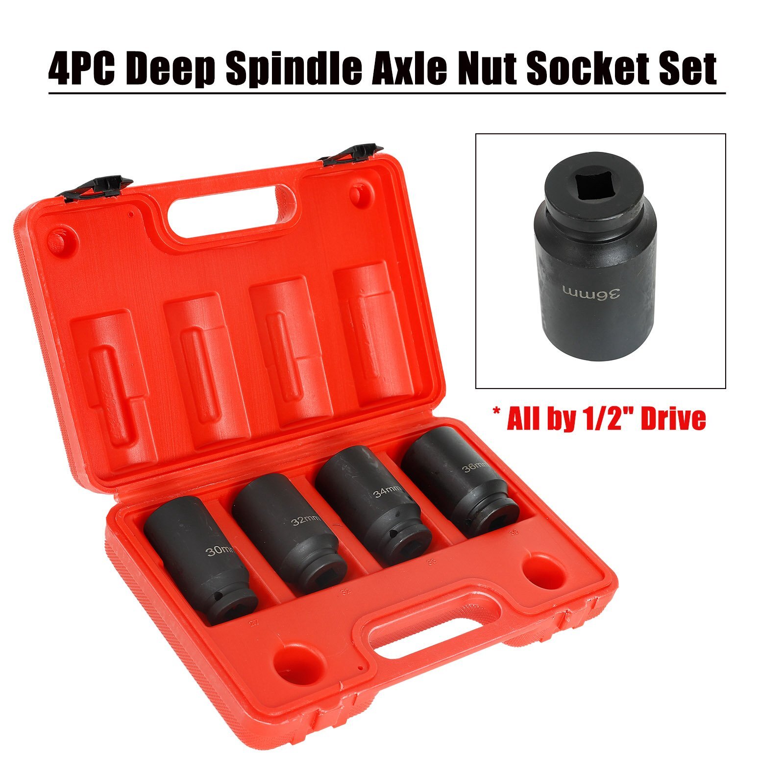 4pcs 1/2 Drive Deep Spindle Axle Nut Socket Set 30mm 32mm 34mm 36mm 12Point NEW