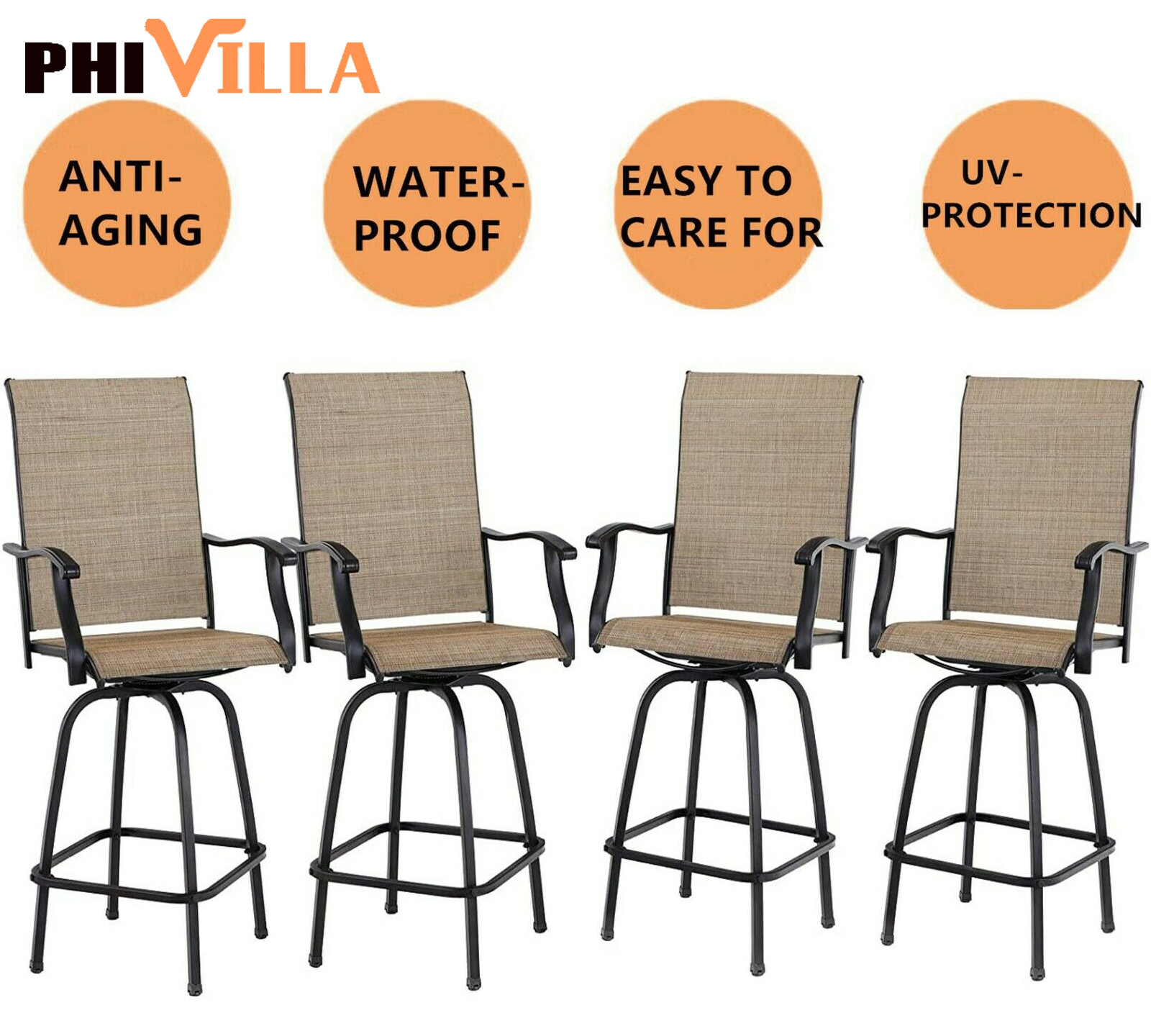 Swivel Patio Chairs Set of 4 Height Bar Stools Outdoor Bistro Armrest Chairs Set