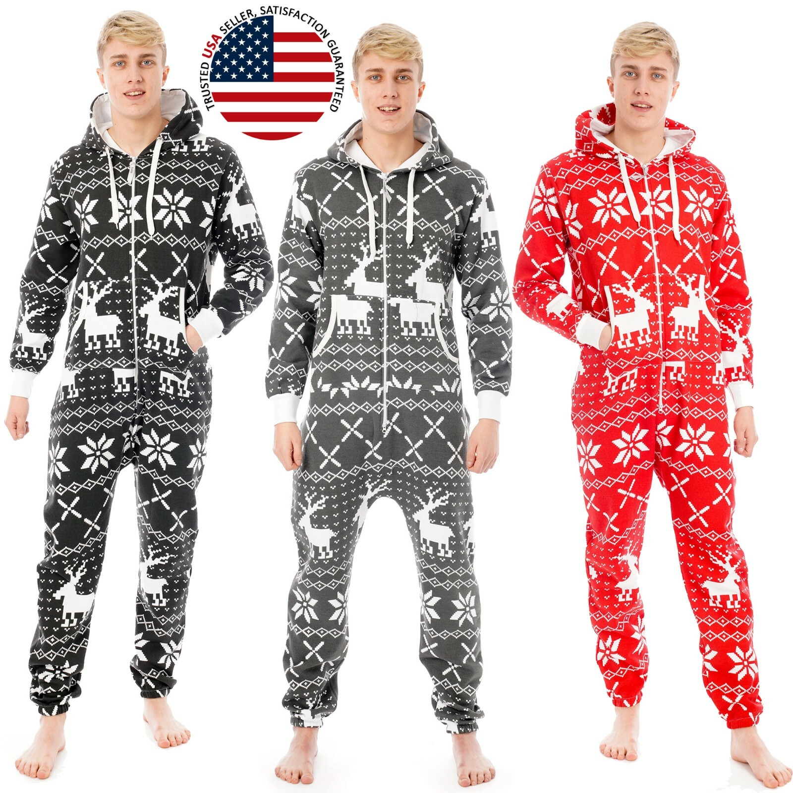 Mens Unisex Hooded Onesie0 Adult Non Footed OnePiece Jumpsuit Pajamas Loungewear