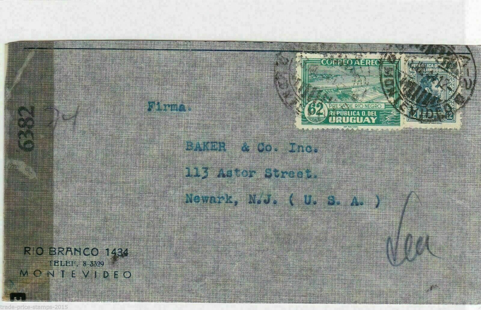 URUGUAY TO US 1944  CENSOR AIRMAIL COVER. REF R387