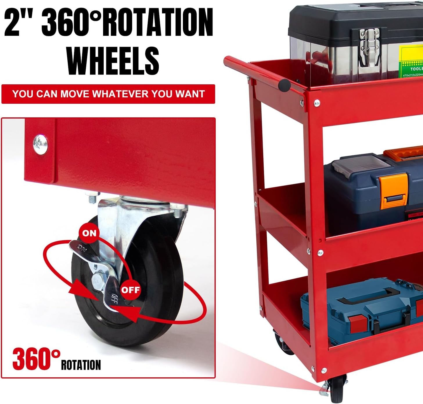 Torin Service Utility Cart Heavy Duty 3 Shelf Tier, 400 lbs Rolling Trolley