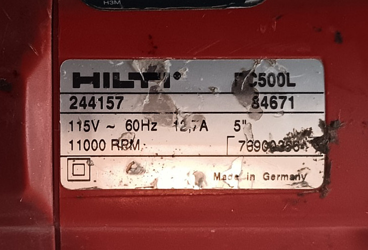 HILTI DC 500L ANGLE GRINDER 11000 RPM 5IN 115V-AC 12.7A 60HZ W/ DUST EXTRACTOR