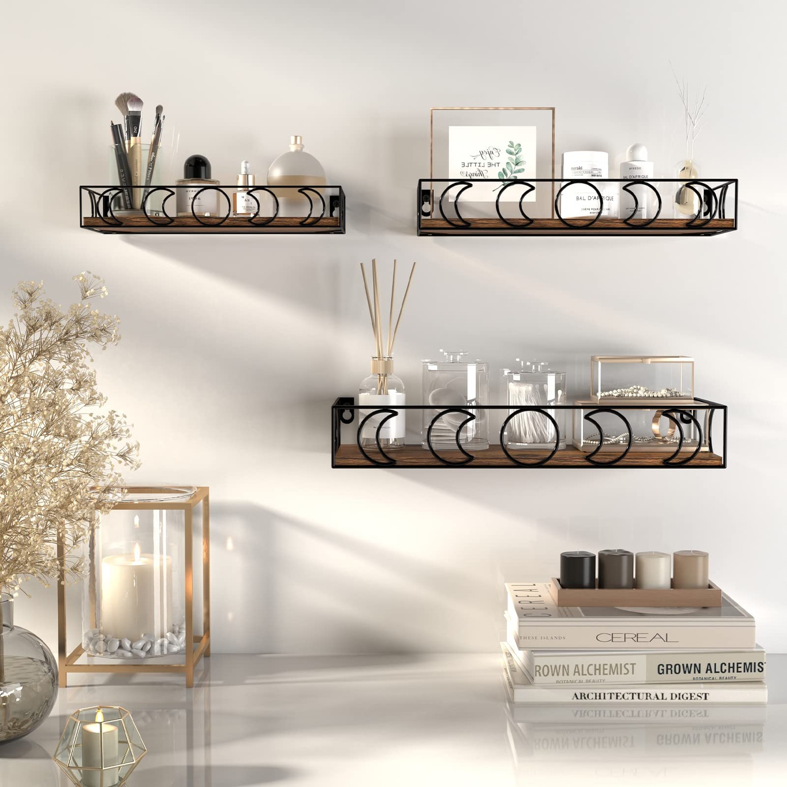 PHAREGE Moon Phase Floating Shelves Brown Black, Set of 3 Small Decorative Wa...