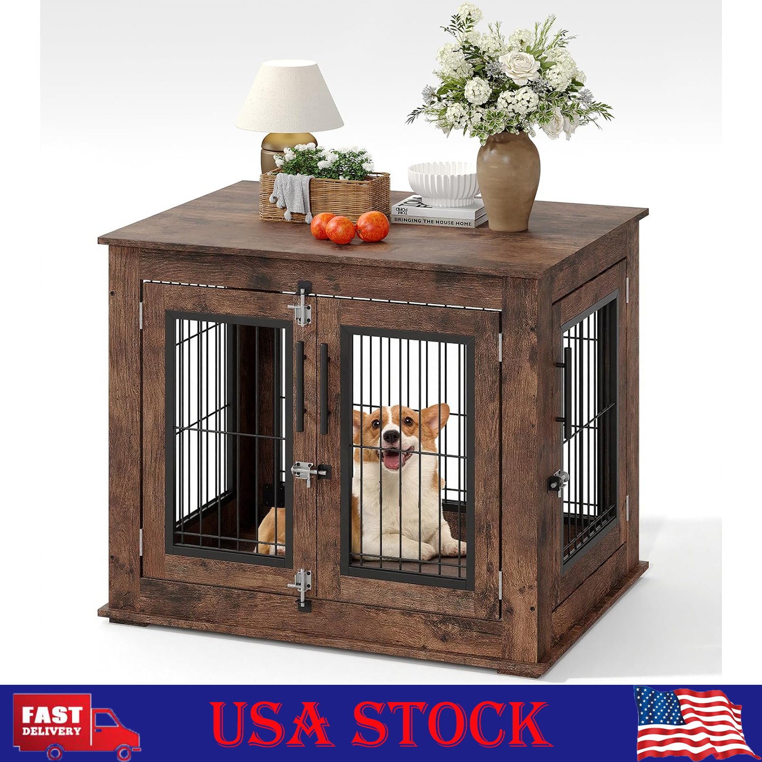 Dog Crate Furniture End Table Heavy Duty Wooden Kennel Cabinet with Double Doors