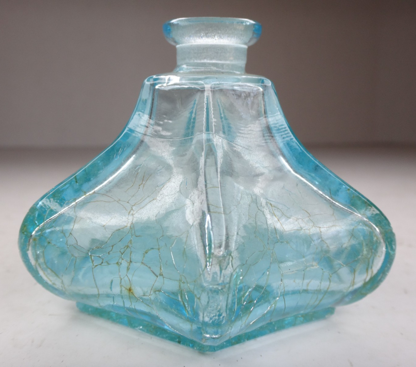 Antique Aqua Blue Green Inkwell Pressed Glass Bottle 6 Side UNUSUAL Shape