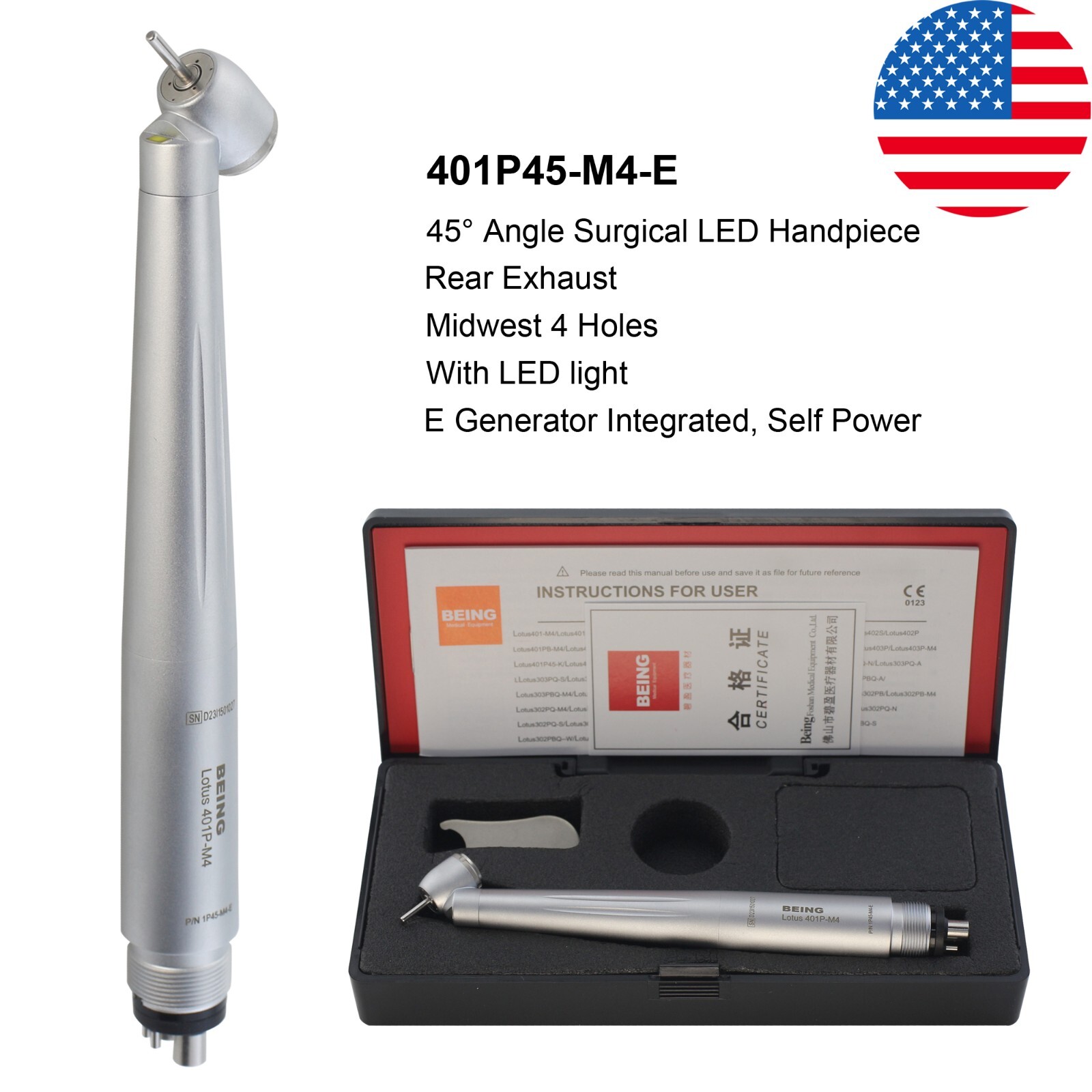 COXO Dental Surgical Handpiece 45 Degree High Speed 4 Hole LED Reverse Air NSK