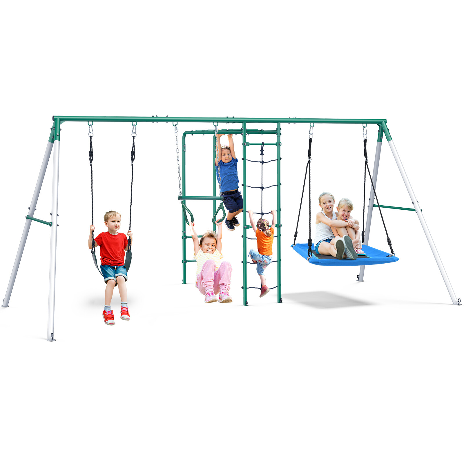 Heavy Duty Kids Metal Swing Set with 2 Swings Ladder and Monkey Bar for Backyard