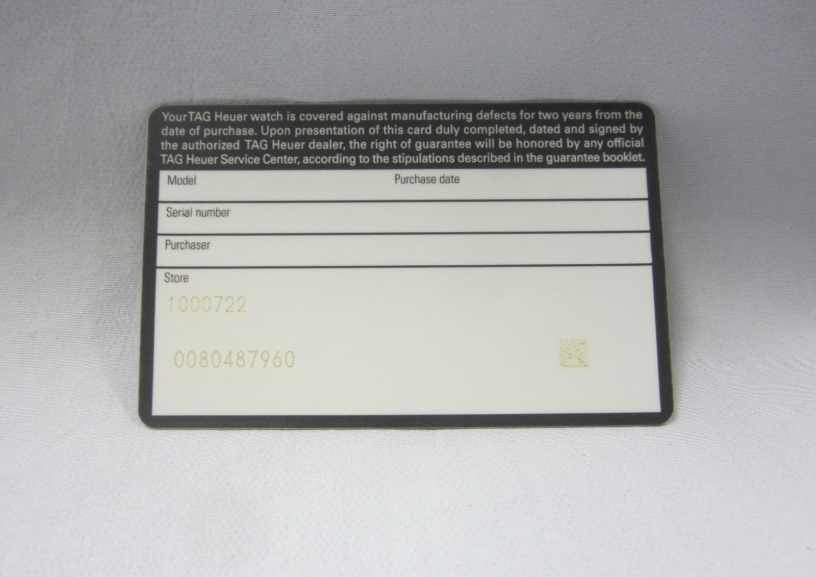 TAG Heuer 2-Years International Guaranty Card with Store Information Only NOS