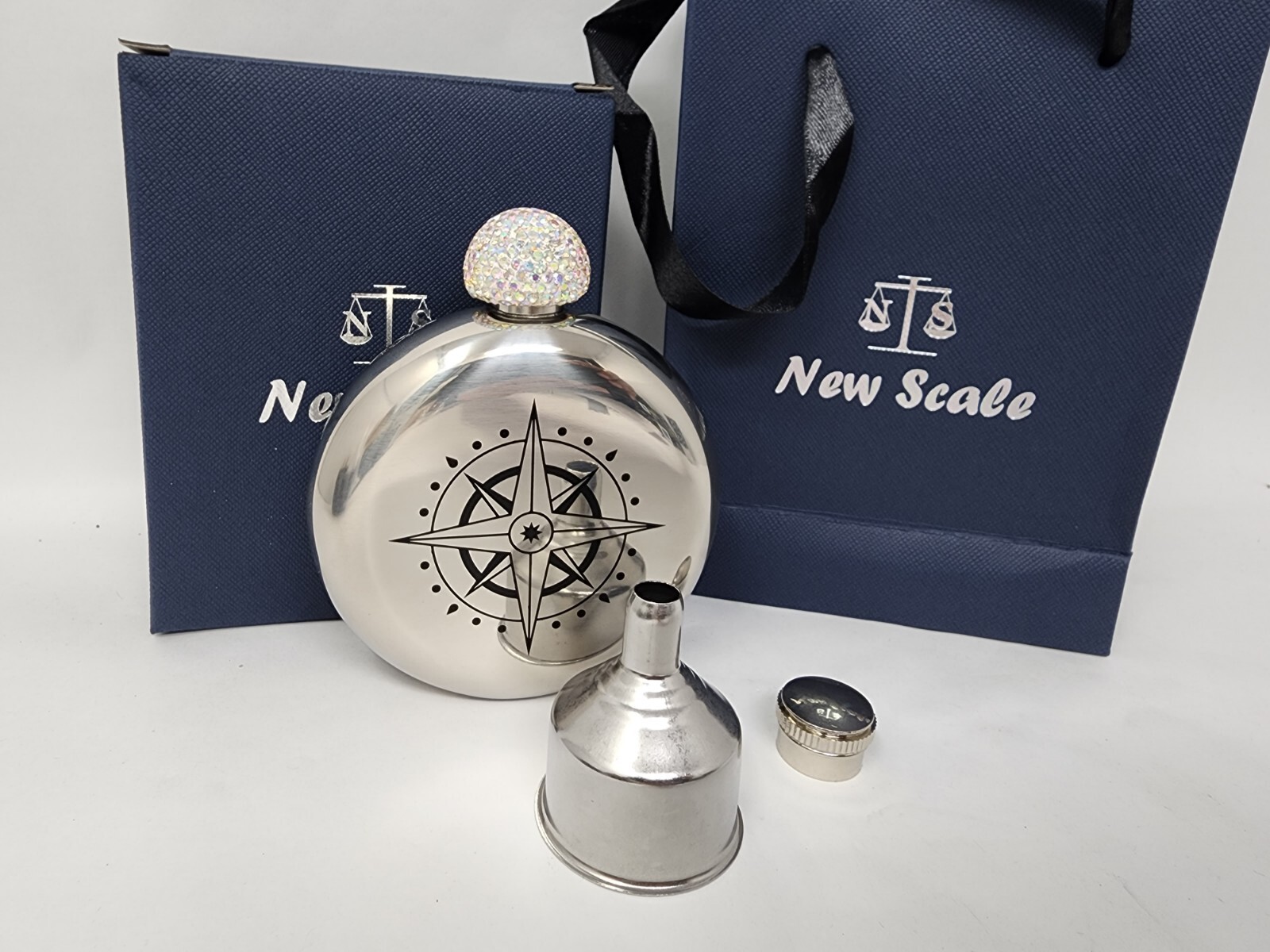 COMPASS FLASK 5 ounce/ 148 ml Canteen, Stainless Steel w/ funnel and two Caps