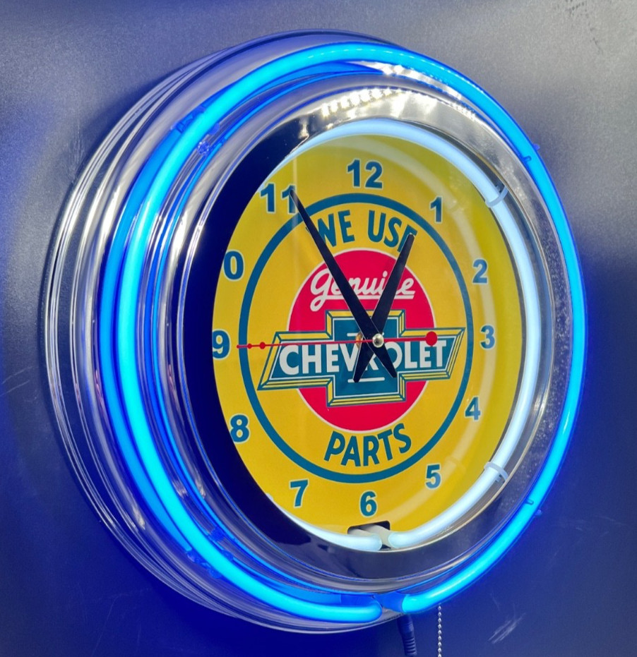 15" Genuine Chevrolet Parts Sign Double Blue Neon Clock Chevy
