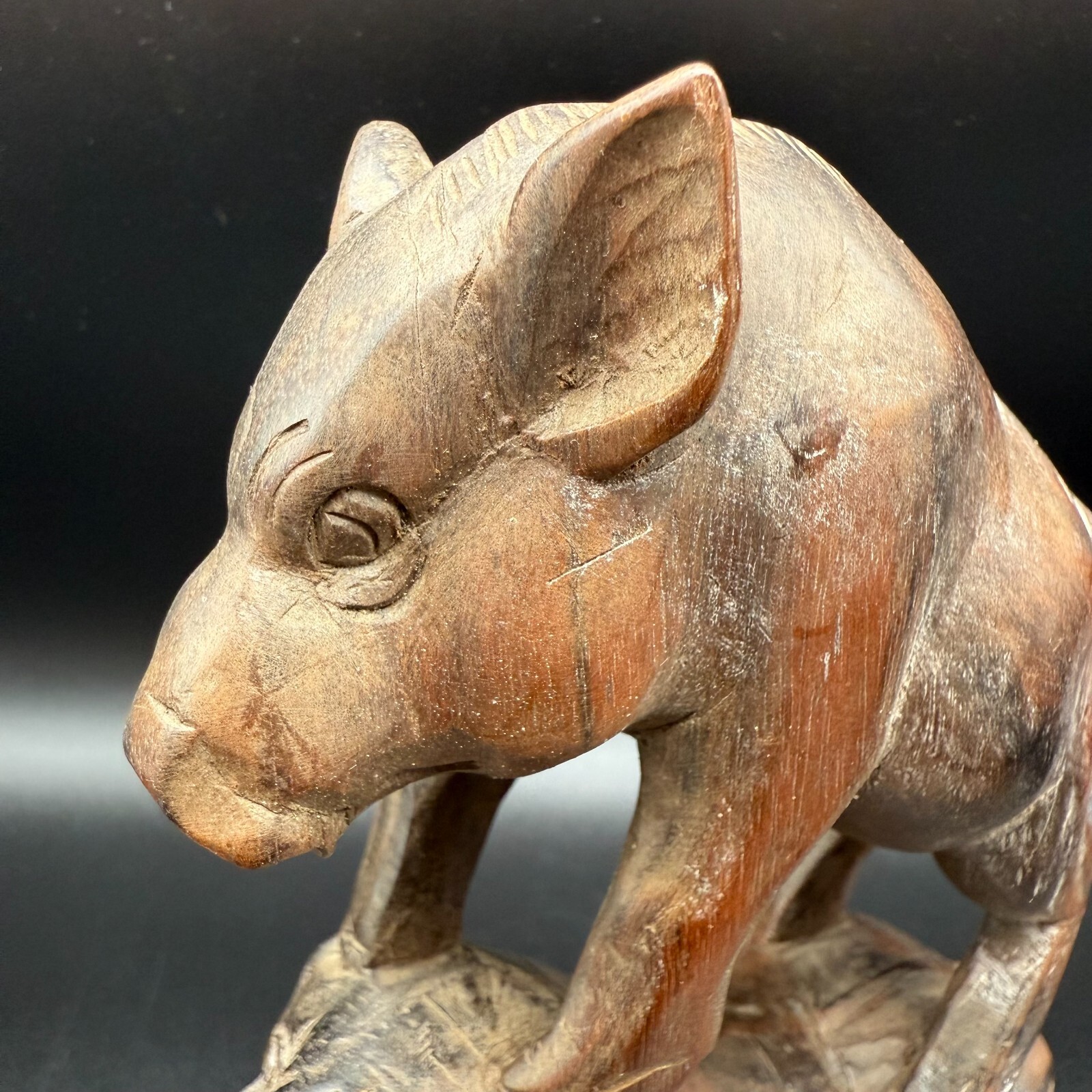 Vintage Hand-Carved Wood Animal Sculpture – Wild Boar Standing Over Lion – Triba
