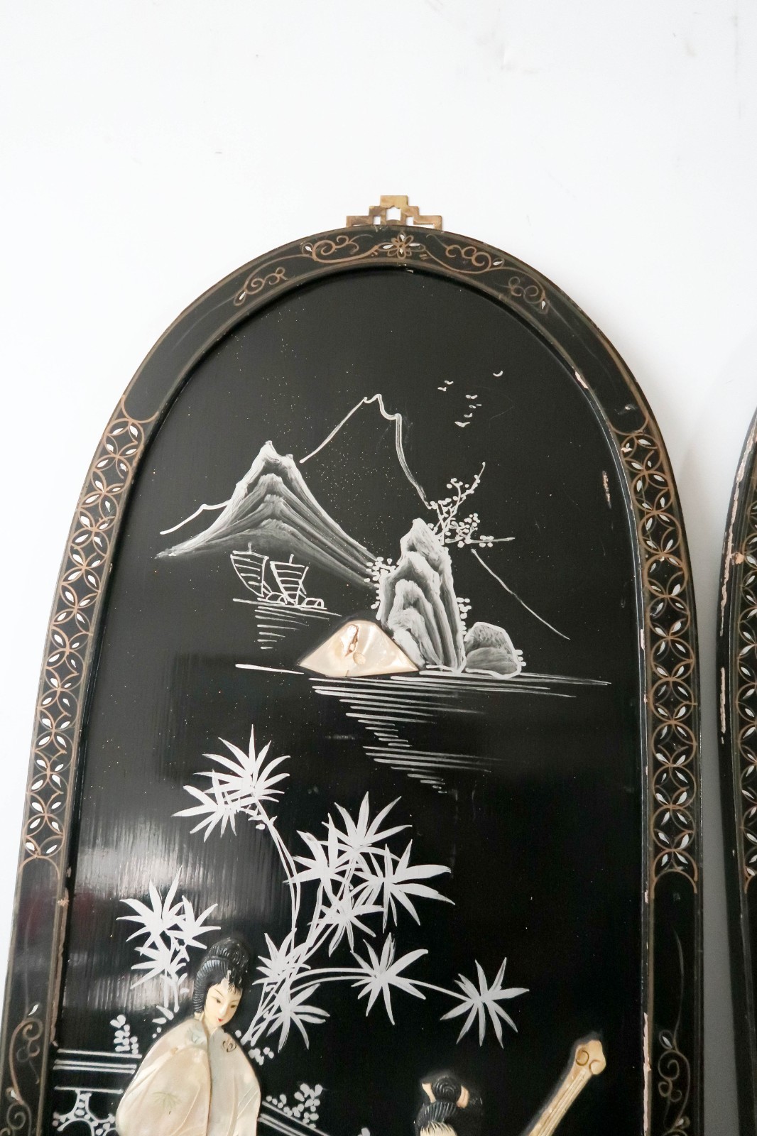 Set of 2 Asian Black Lacquer Mother of Pearl Wall Panels Art Geisha Women 36"