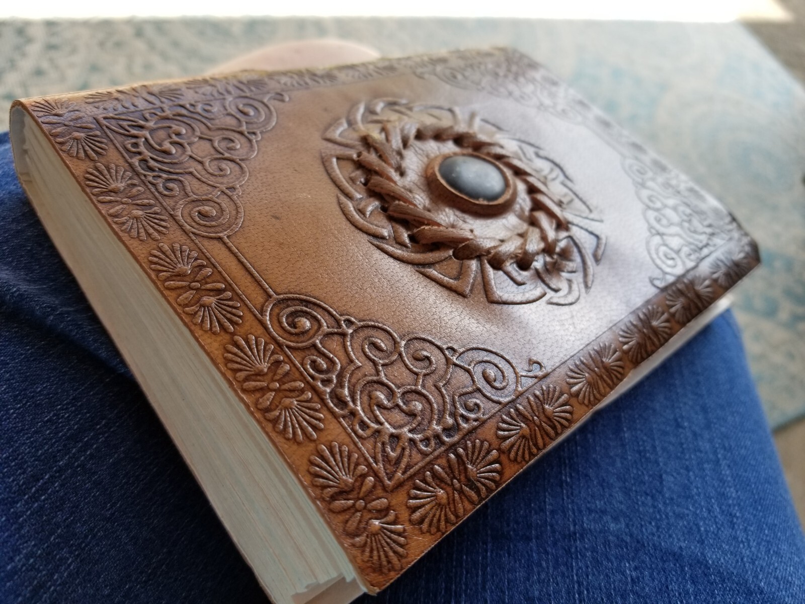 Chakra Leather Journal Notebook Handcrafted Etched Design With Stone Blank Diary