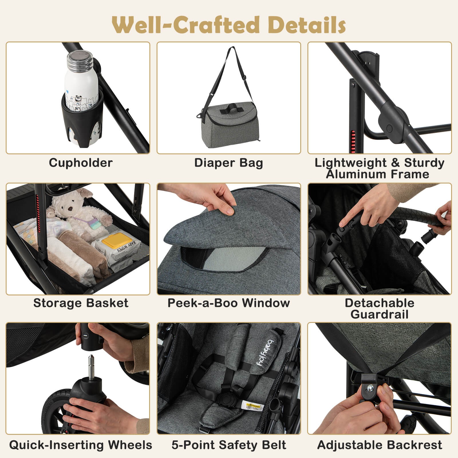 3-in-1 Newborn Stroller Folding Convertible High Landscape Toddler Stroller