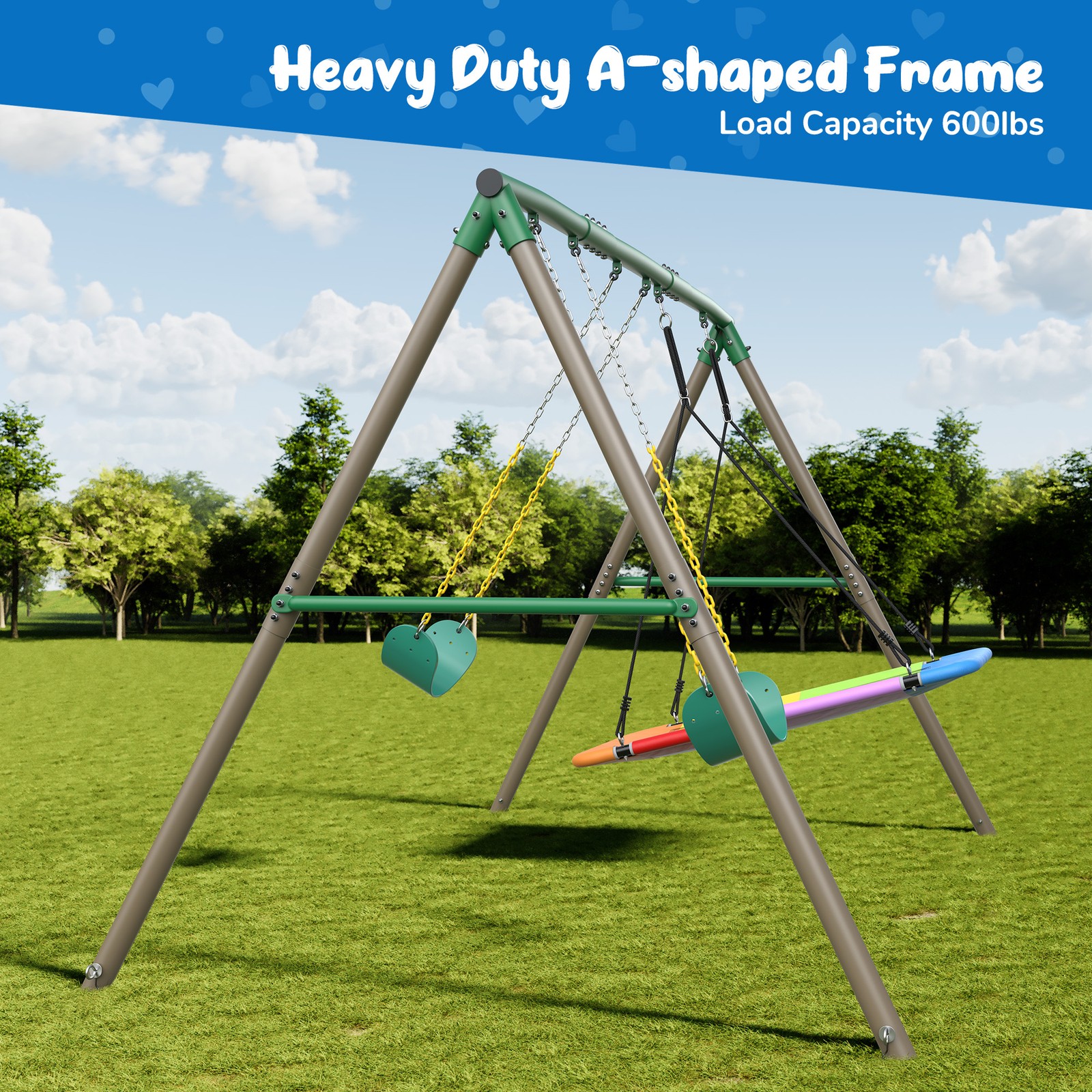Hapfan 600lbs 7.3ft Tall Heavy Duty Metal Swing Set with 3 Swings Kids Backyard