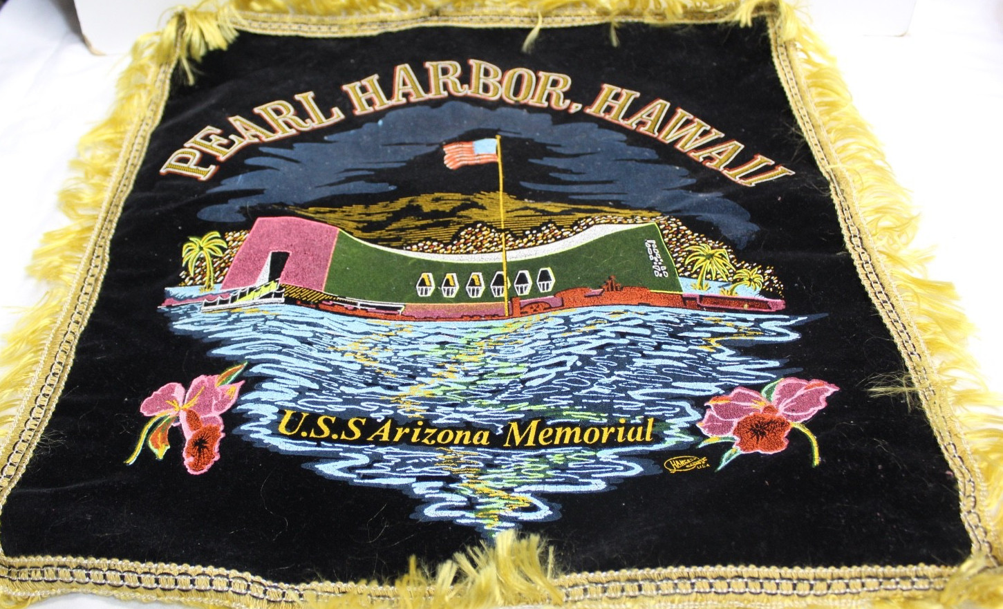 Vintage Souvenir Satin & Black Velvet Pillow Cover Pearl Harbor USS Arizona