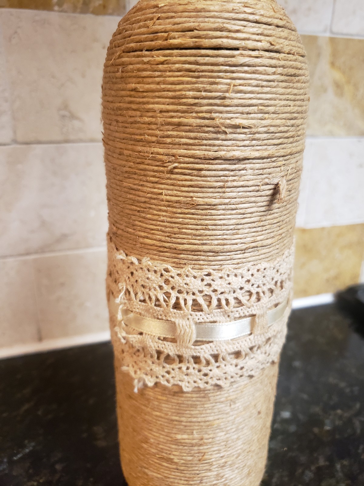 Handmade Twine Wrapped Wine Bottle Flower Vase W Owl Accent