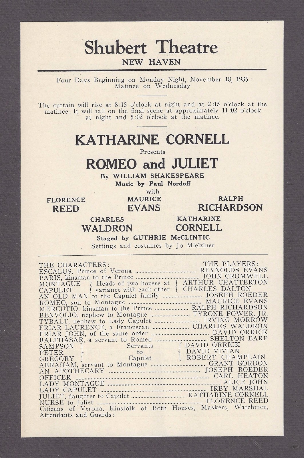 Katharine Cornell "ROMEO and JULIET" Maurice Evans / Tyrone Power 1935 Broadside