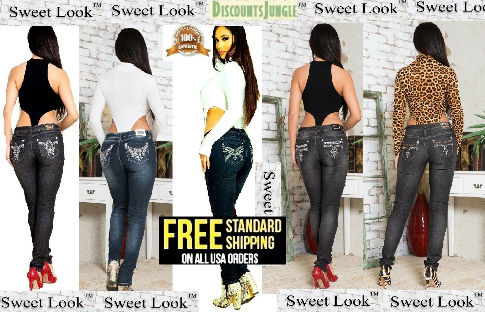 Classic Rhinestone Premium Women's Stretch Skinny Fit BLUE Denim Jeans Pants