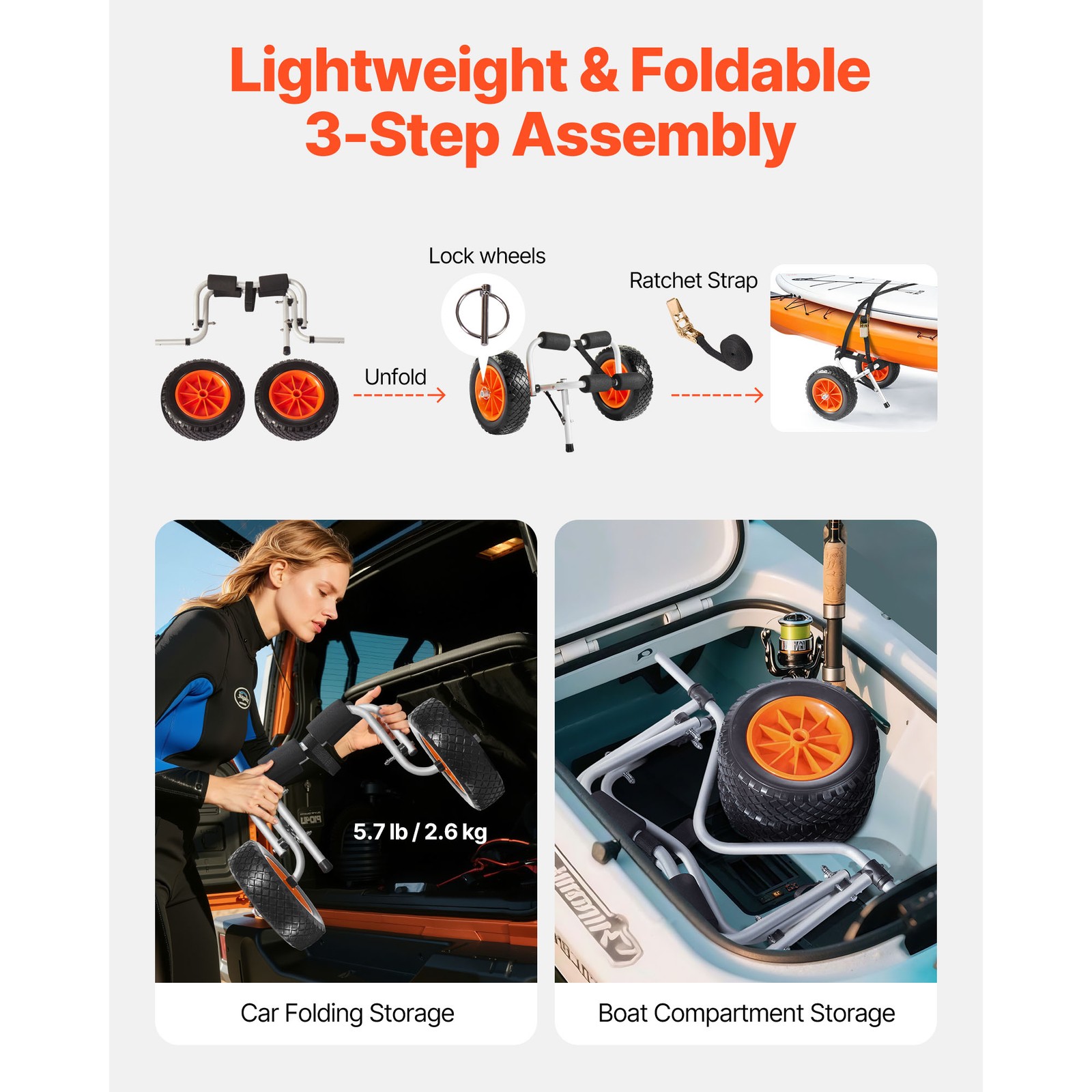 Uimoso Kayak Cart Carrier Foldable 200 lbs Capacity W/ 10" Durable Rubber Tires