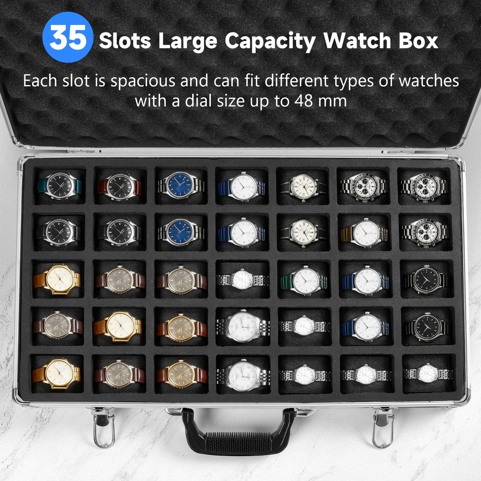35 Slots Large Watch Organizer Box Aluminum Lockable Jewelry Storage Suitcase