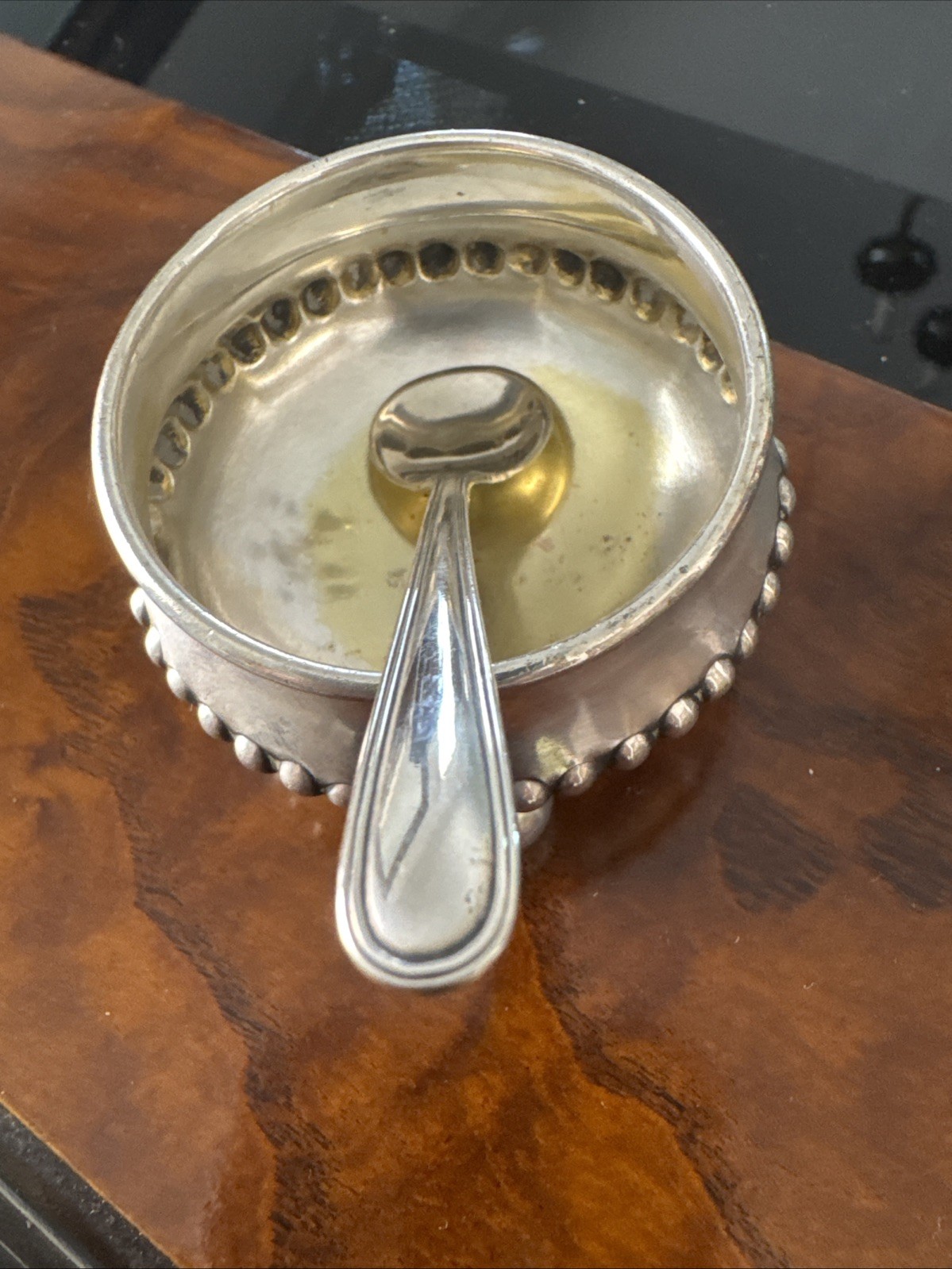 Silver Salt Cellar Beaded Rim ,Ball Footed With Sterling Salt Spoon