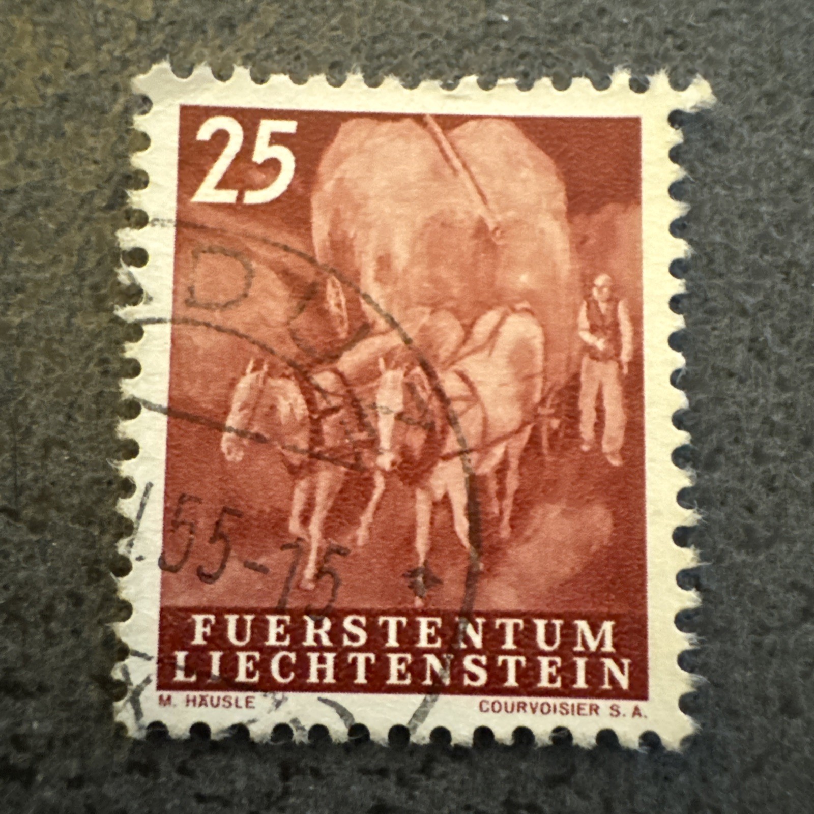 Liechtenstein 1951 "Working the Land" 25rp Used Stamp - Load of Hay (Scott #251)
