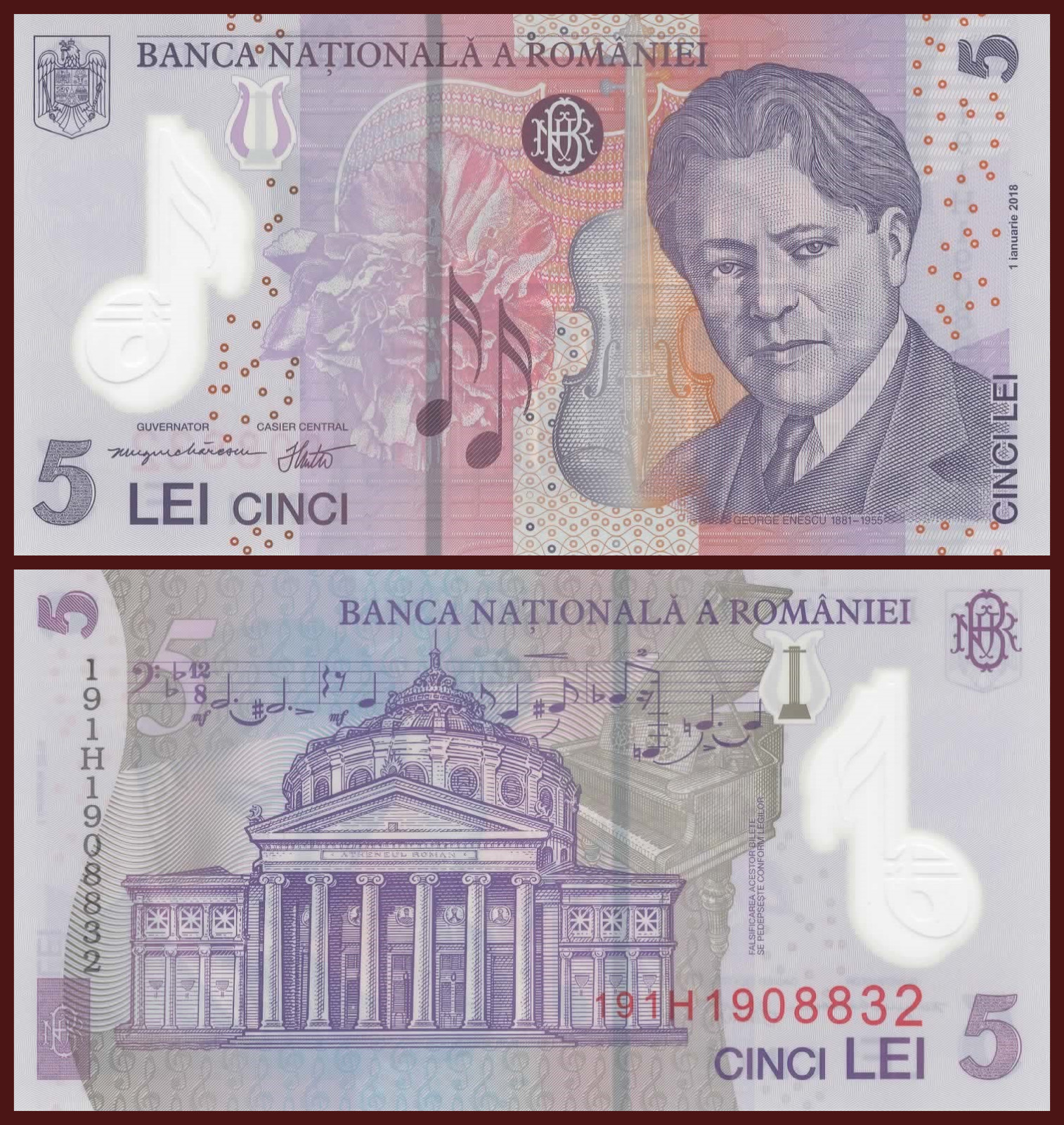 Romania 5 Leu Banknote, 2019, P-118j, UNC, Polymer Currency