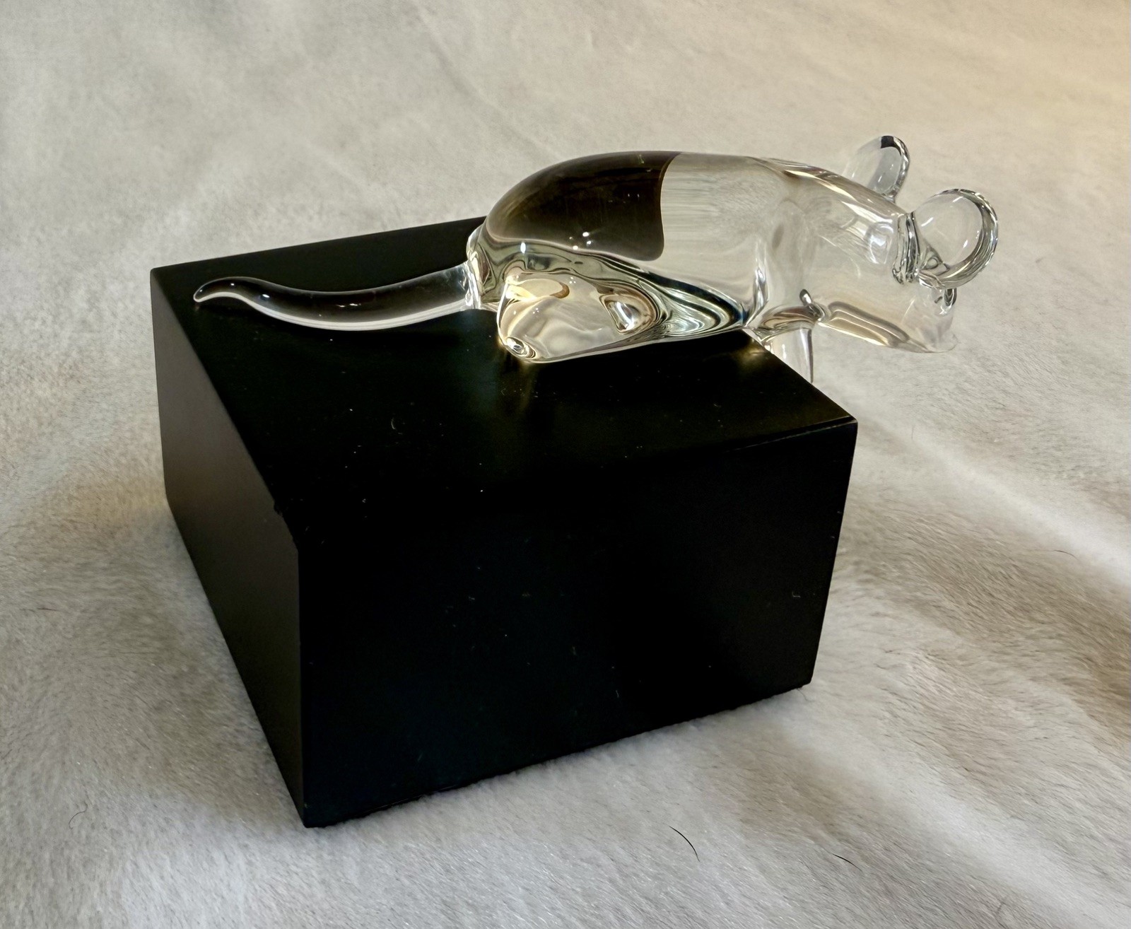 Frabel Glass Sculpture Mouse on Black Wood Base Signed 1989