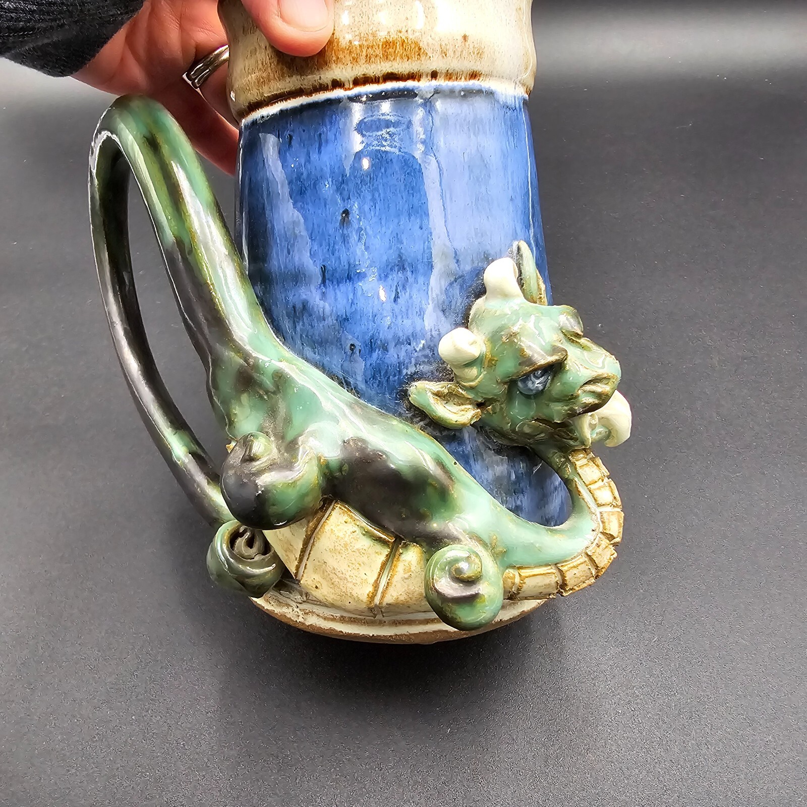 Studio Art Pottery Dragon Mug Stein Cup Large Artist Signed CM HR 7" tall