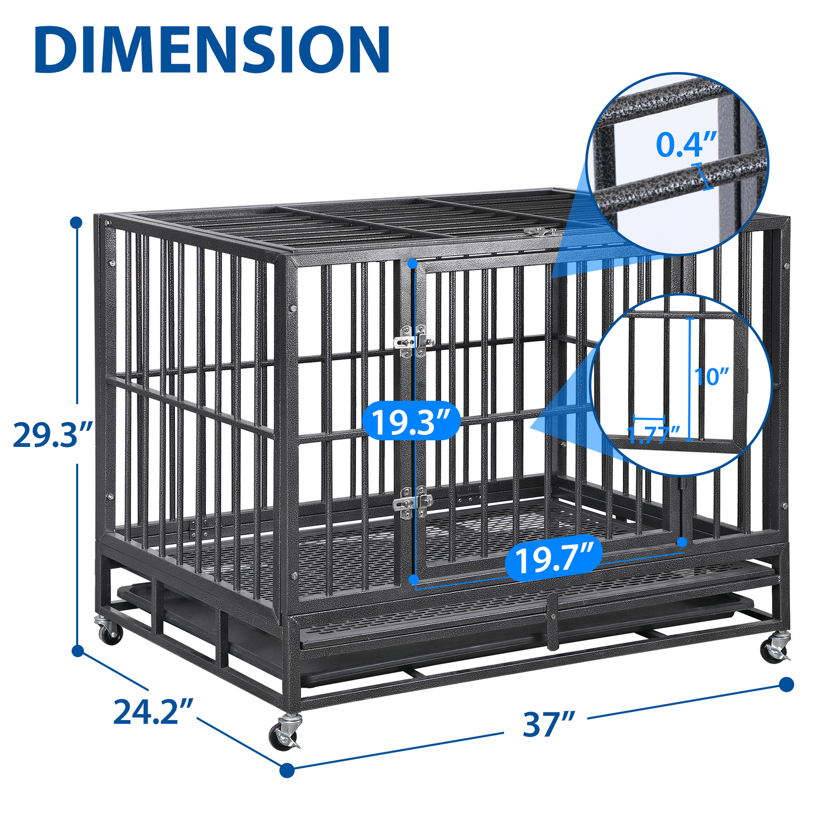 37" Heavy Duty Pet Dog Cage Strong Metal Crate Kennel Playpen with Wheels&Tray