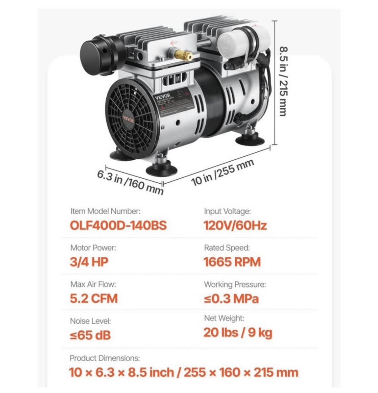 VEVOR 550W Pond Aerator, 5.2CFM, Up to 3 Acre, 50' Lake OLF400D-140BS-B