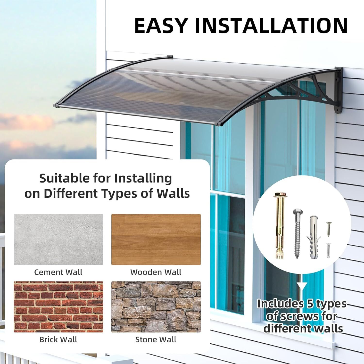 32/40/48/60/80" Window Awning Front Door Eaves Canopy Polycarbonate Roof Cover