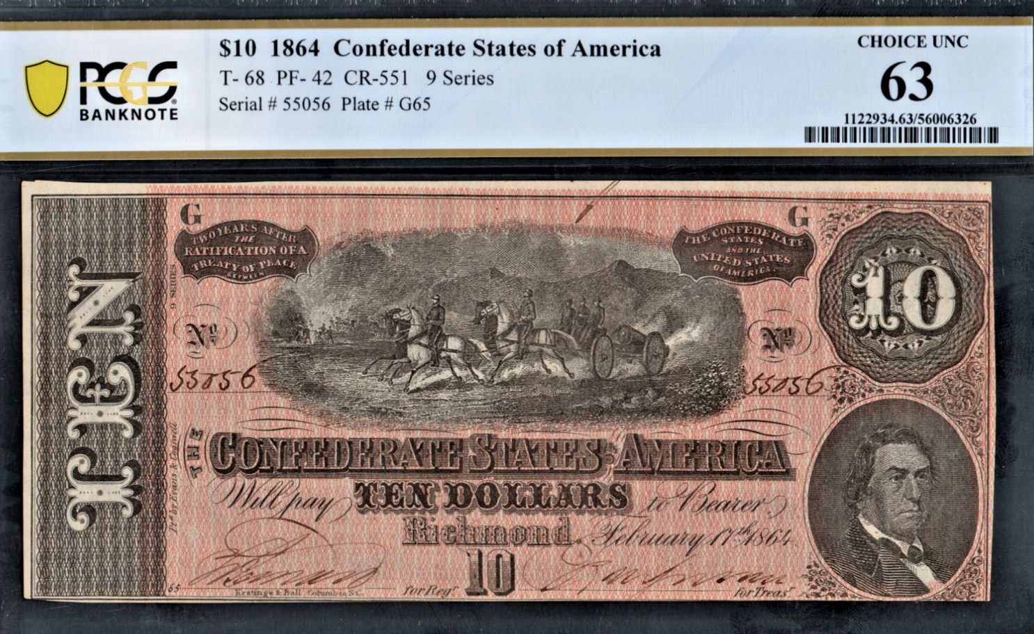 PCGS 63! 1864 CONFEDERATE STATES T-68 $10 DOLLAR NOTE