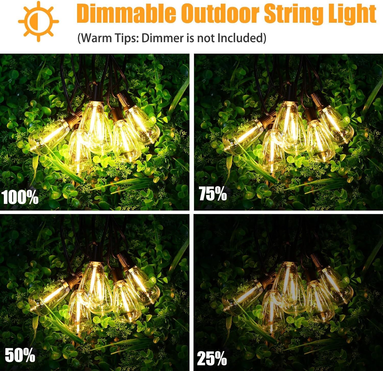 50FT - 500FT LED Outdoor String Lights Dimmable Waterproof ST38 LED Patio Lights
