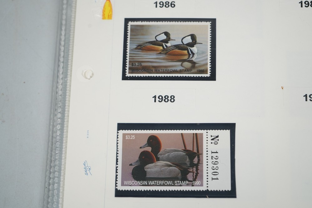 US 1970s-2010s COLLECTION OF 92 WISCONSIN STATE REVENUE STAMPS DUCKS & FISH