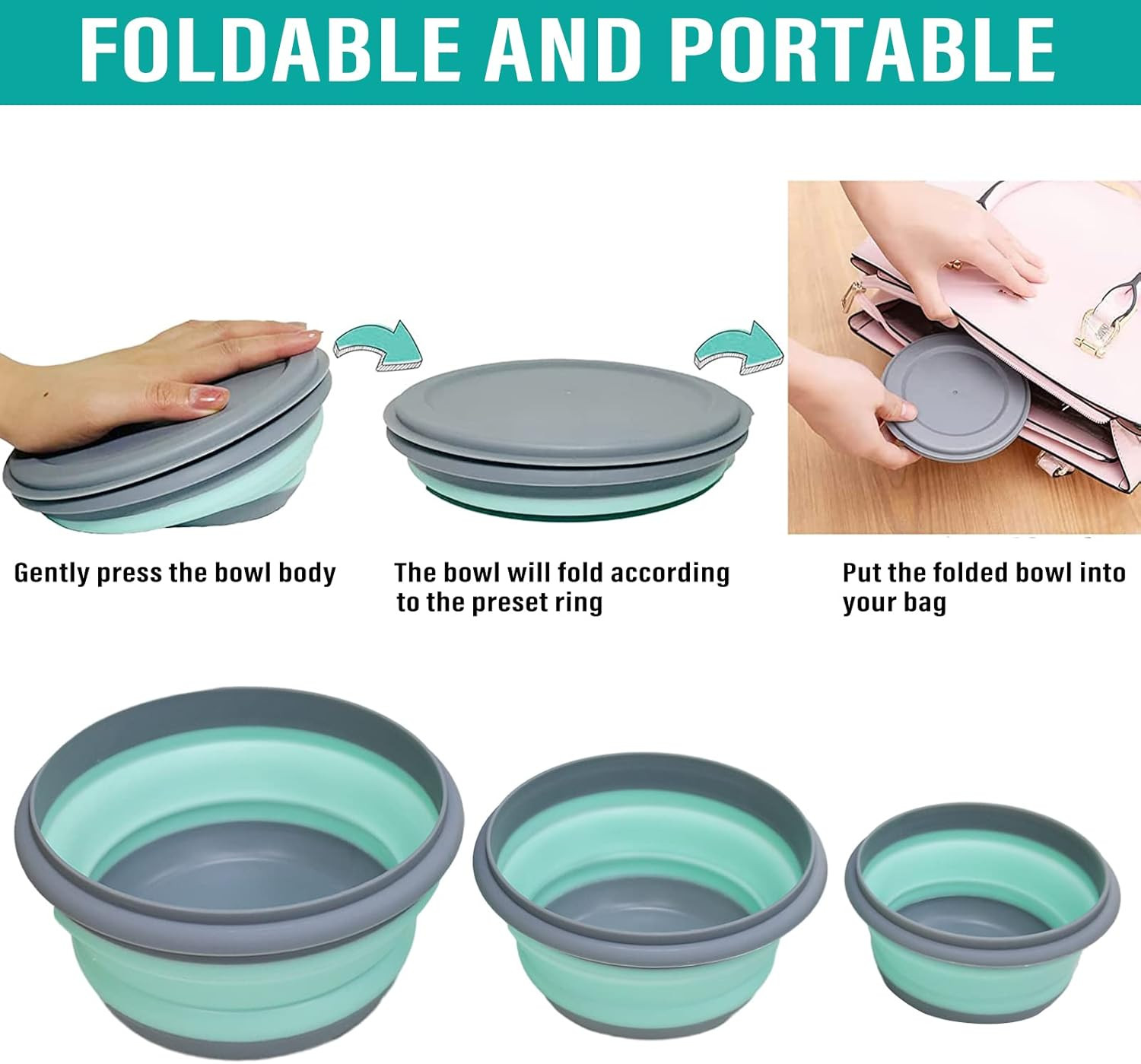 Collapsible Bowls, 3Pcs Food Grade Silicone Camping Bowl Salad Bowl with Lids, P