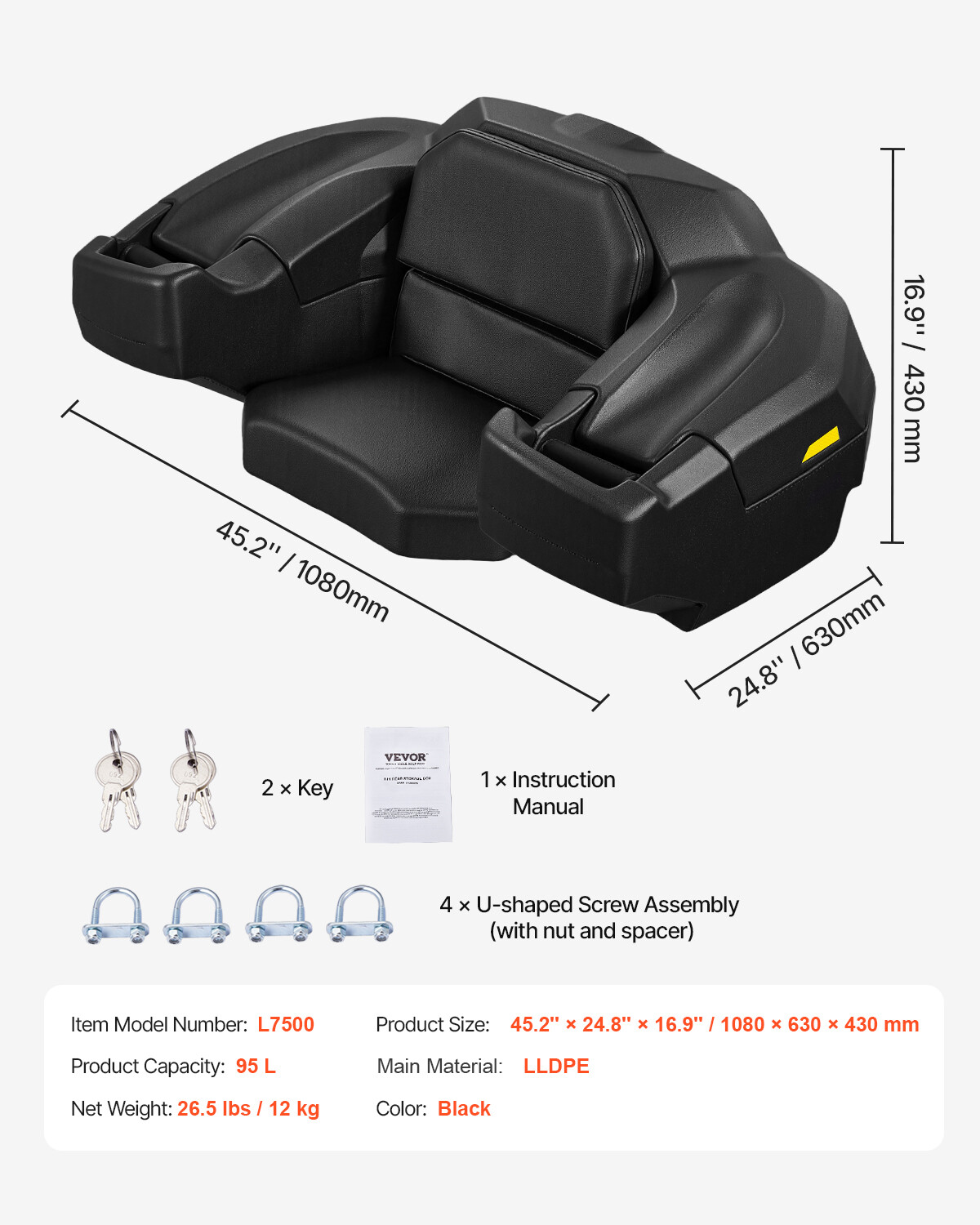ATV Rear Storage Box Lounger 95L Waterproof ATV Cargo Box with Seat & Backrest