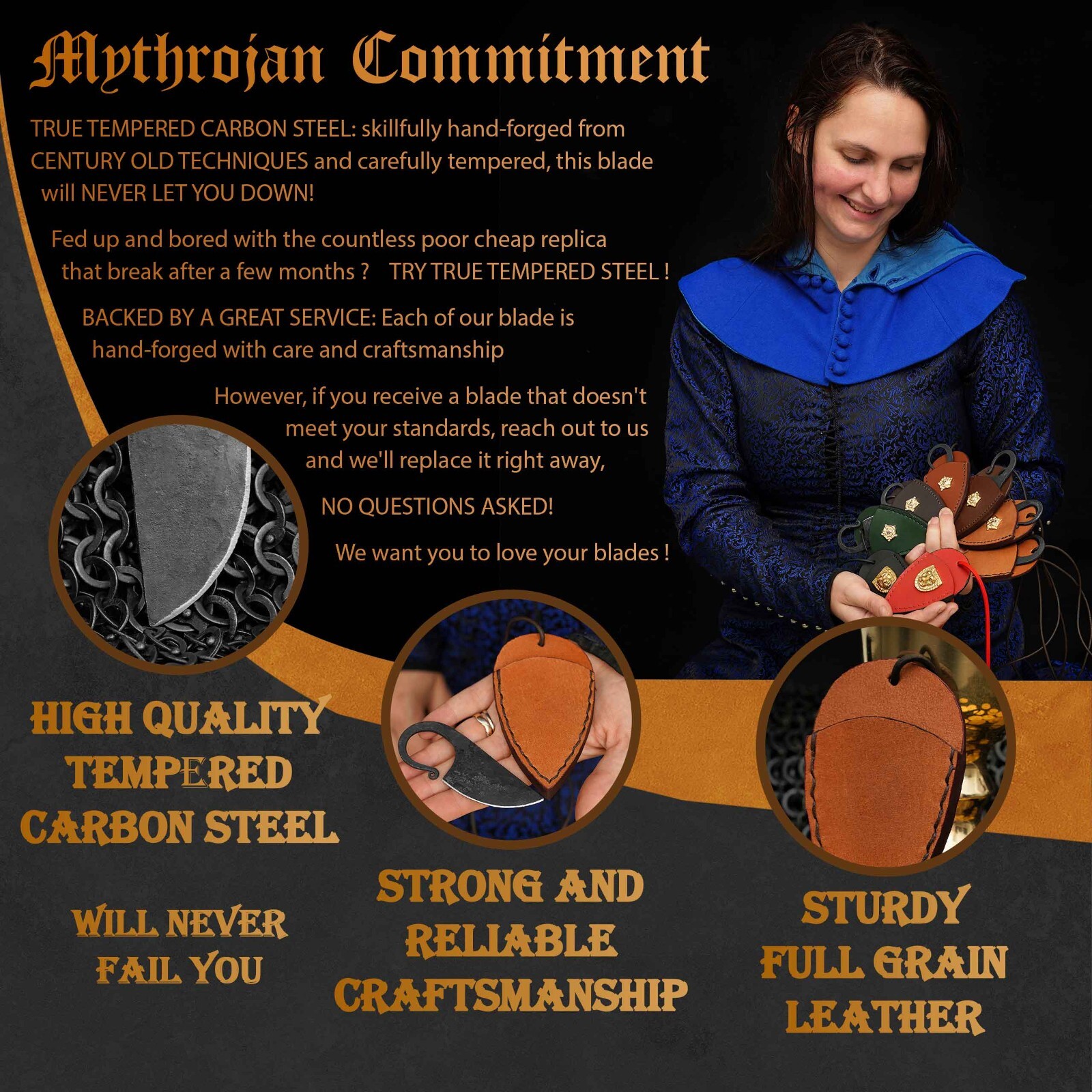 Hunting Pocket Knife Hand Forged Celtic Blade with Necklace Leather Sheath Tan